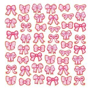 48 Pcs Christmas Pink Bow Iron on Patches Coquette Chenille Patches Gold Edges